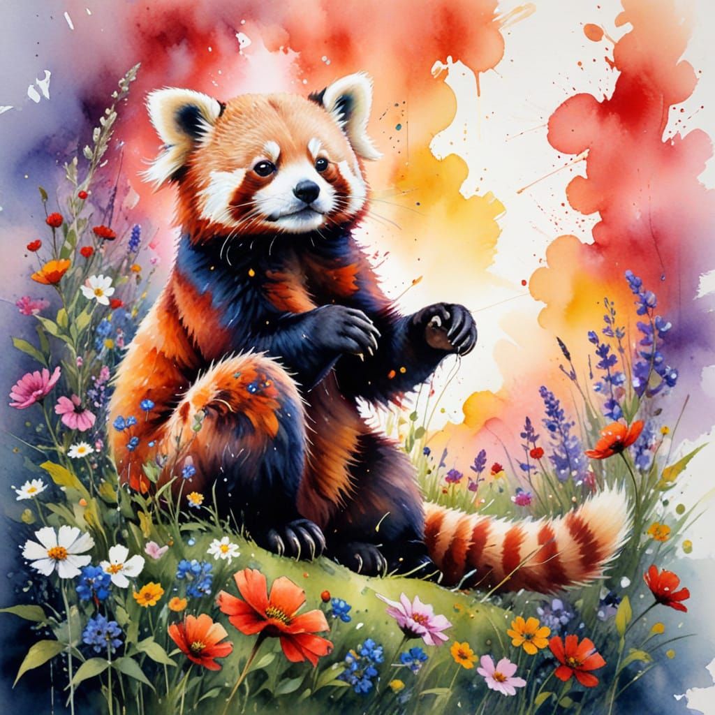 Red Panda Meditates in Vibrant Wildflower Sunset