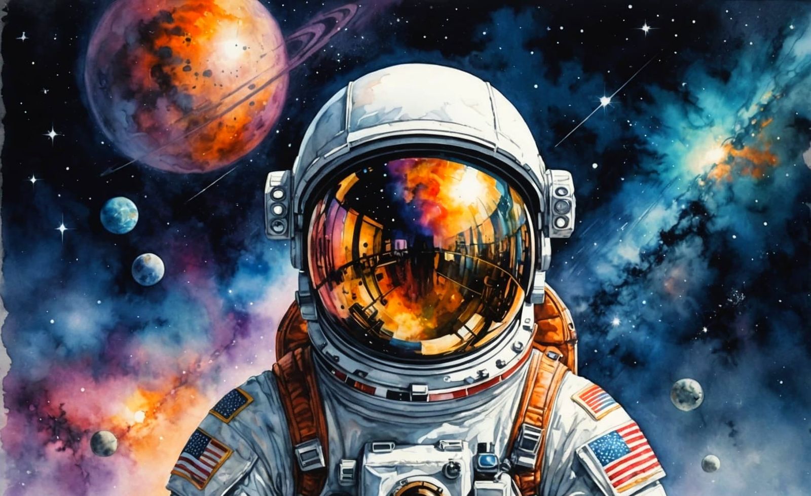 Astronaut Helmet Reflecting Galaxy in Watercolor