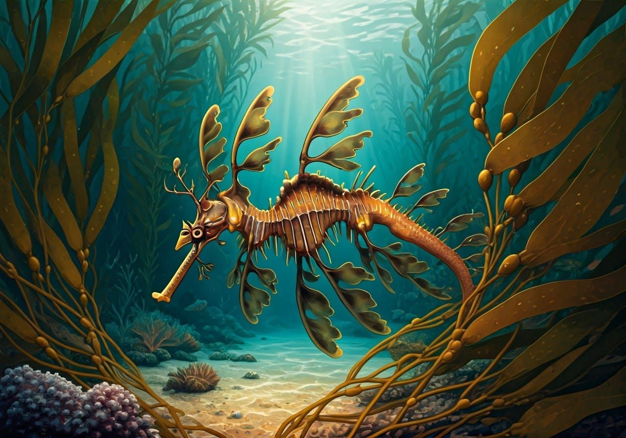 Majestic Leafy Seadragon in Kelp Forest Realistic Underwater...