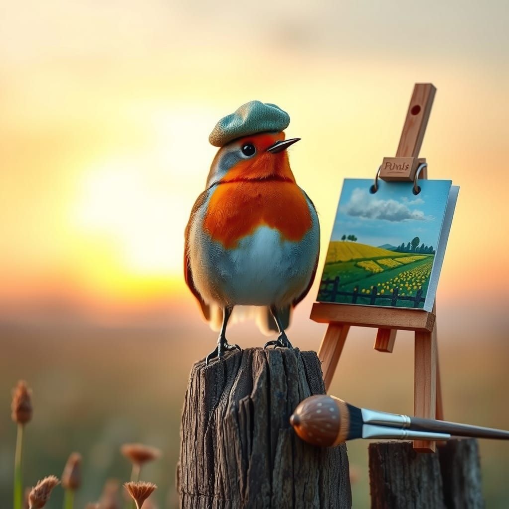Robin the Artist at Sunrise: Storybook Illustration