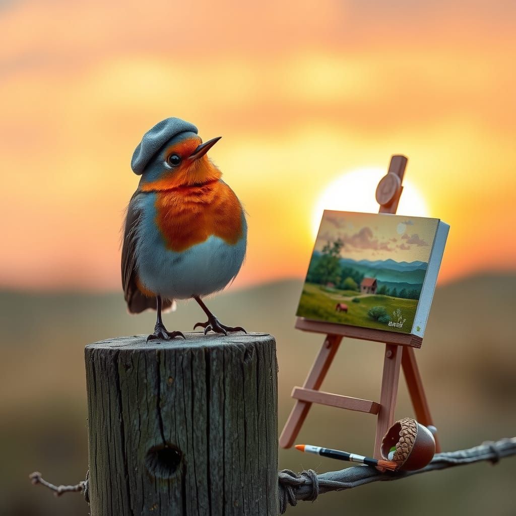 Robin the Artist at Sunrise, Gouache Illustration