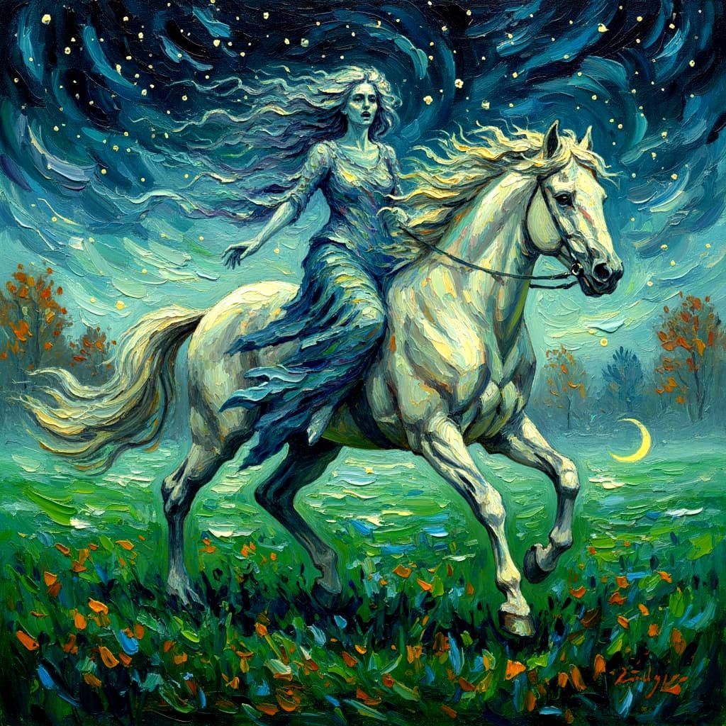 Ghostly Banshee Rides White Horse in Starlight Meadow