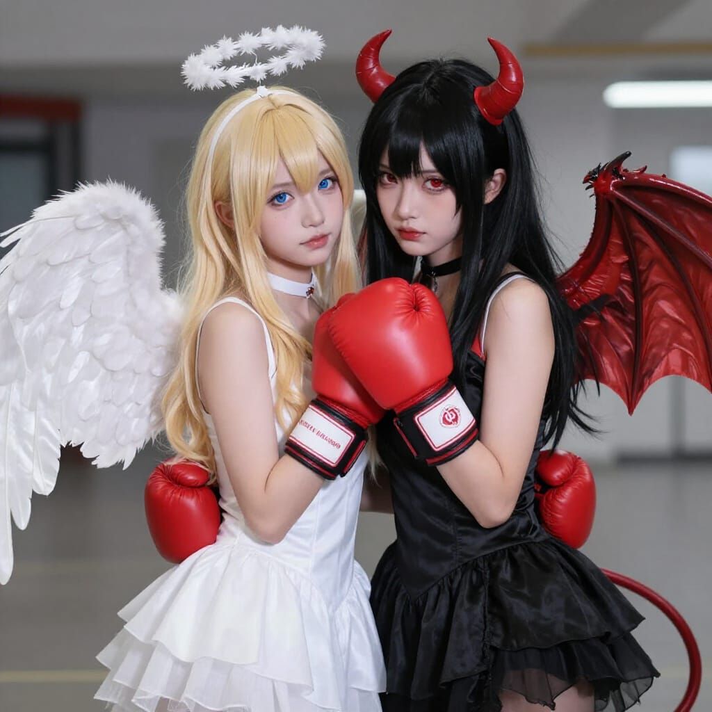 Angel and Demon Embrace in Boxing Gear