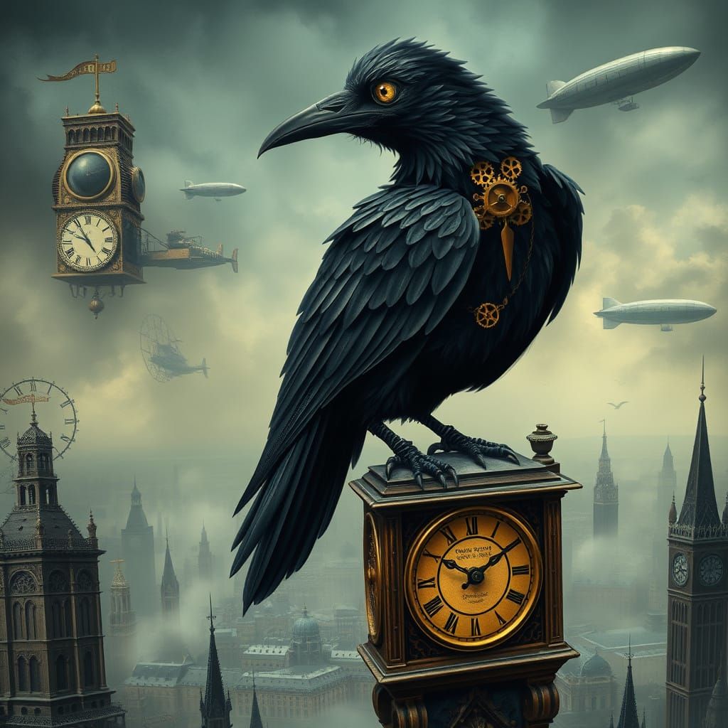 Steampunk Raven on Gothic Clock Tower in Victorian Style