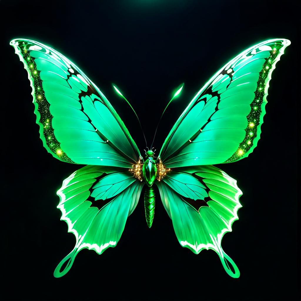 Emerald Butterfly with Sparkling Wings in the Night