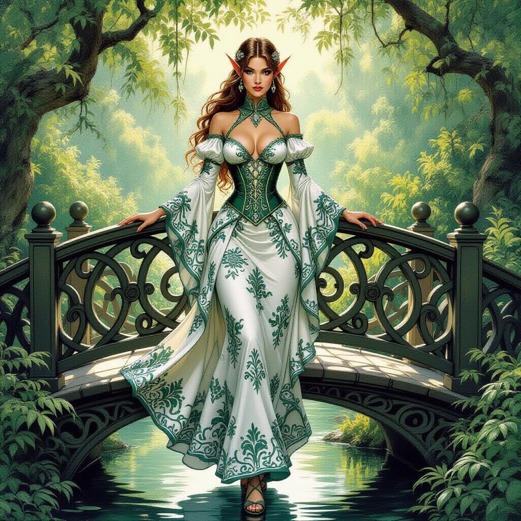 Elf Woman on Garden Bridge, Fantasy Oil Painting