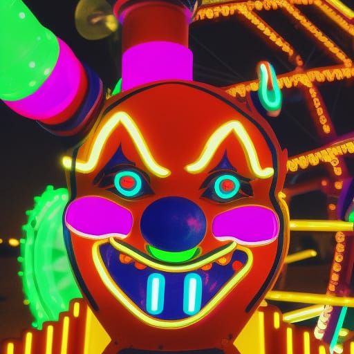 Retro Haunted Carnival at Night with Evil Clown