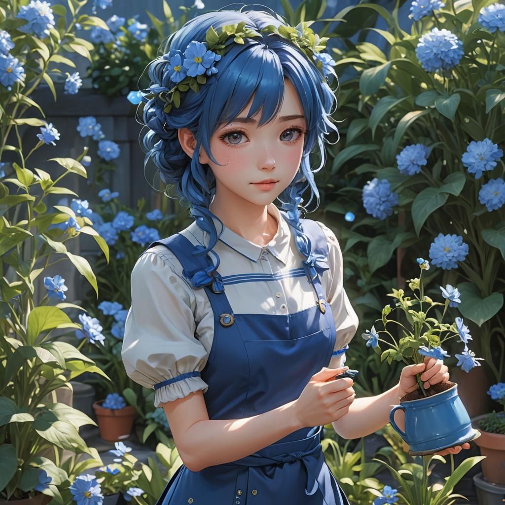 Anime Girl in Blue Dress, 3D Render