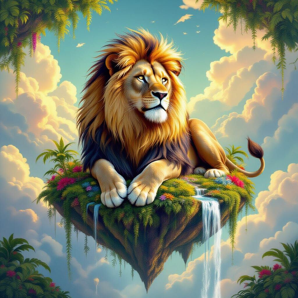 Lion with Feathered Mane on Floating Island