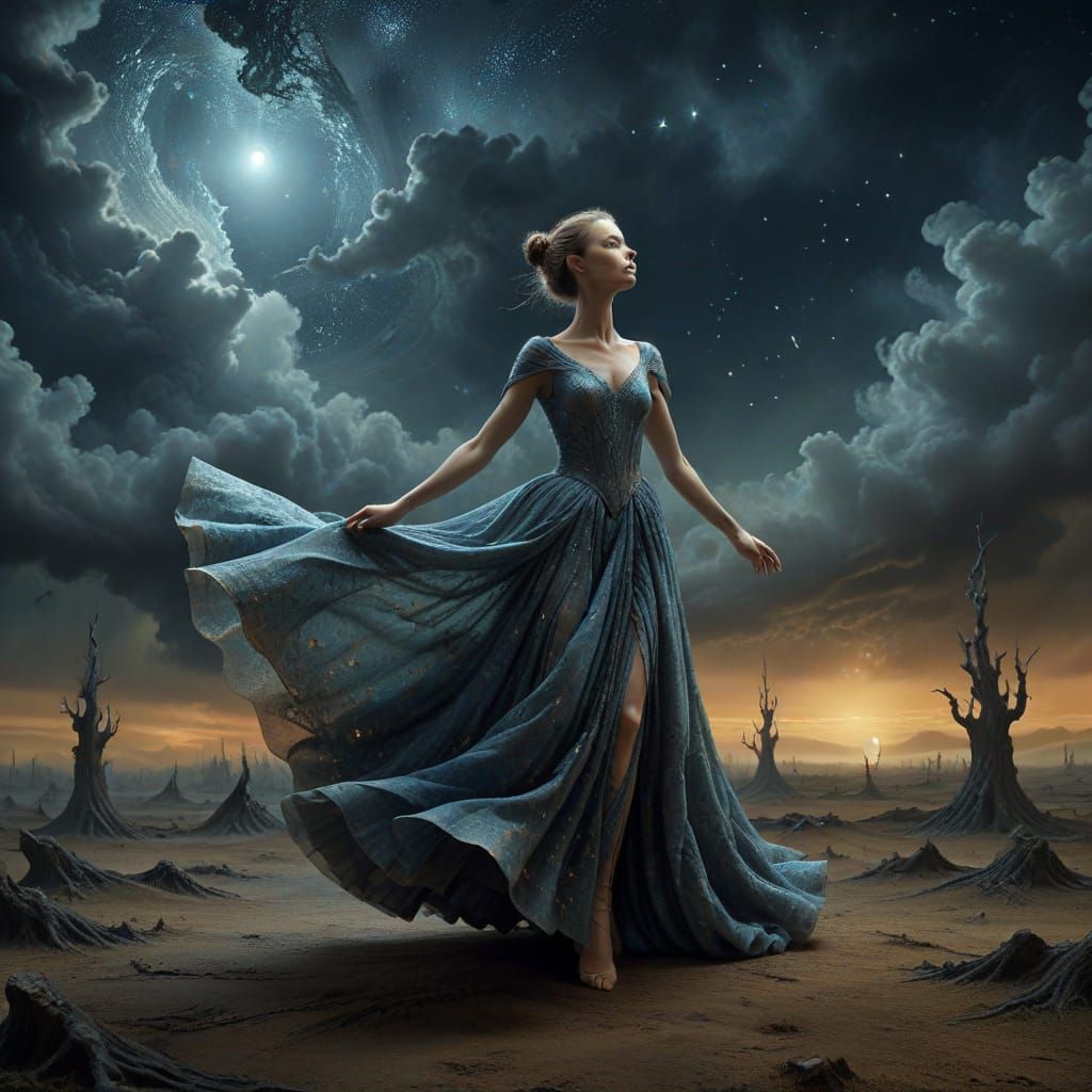 Ballerina on Obsidian Plain Under Cosmic Sky