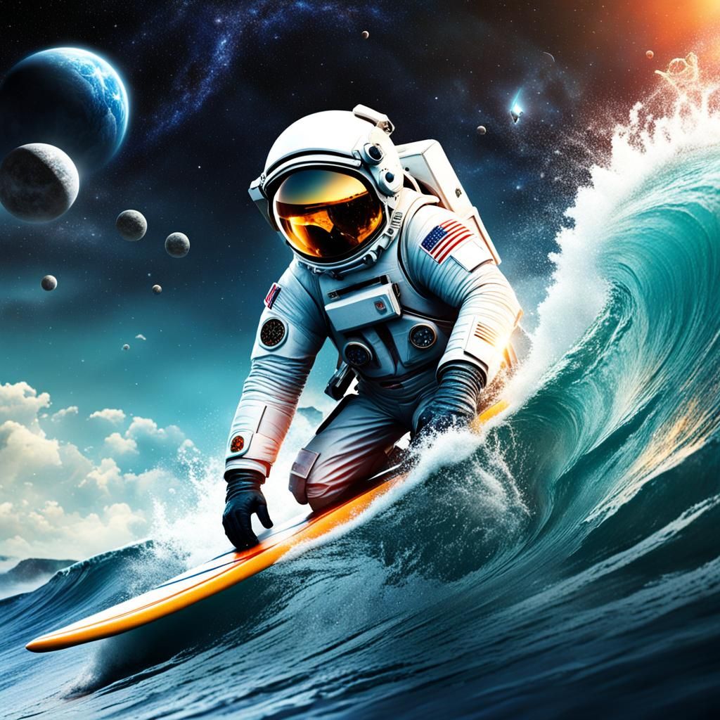 Astronaut Surfing in Space in Solarpunk Style