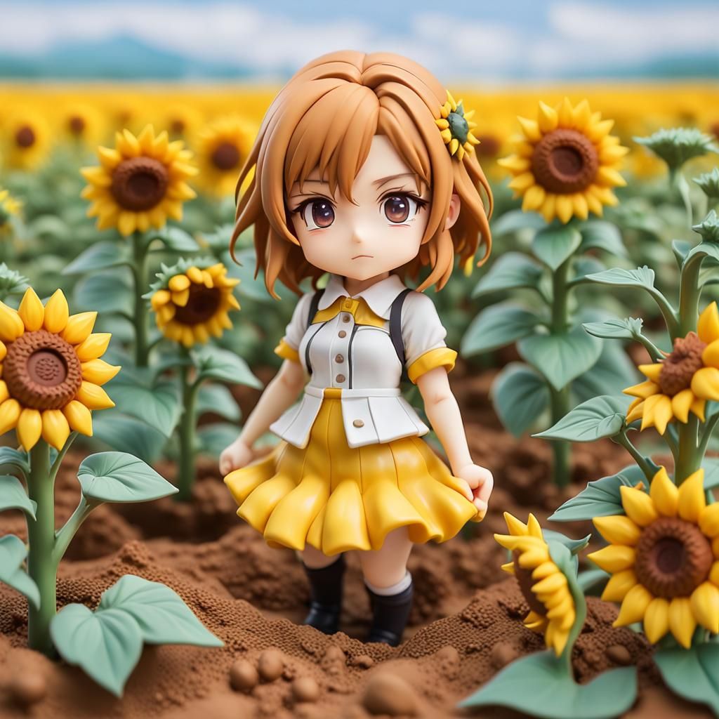 Anime Figure in Sunflower Field, Expressive Style
