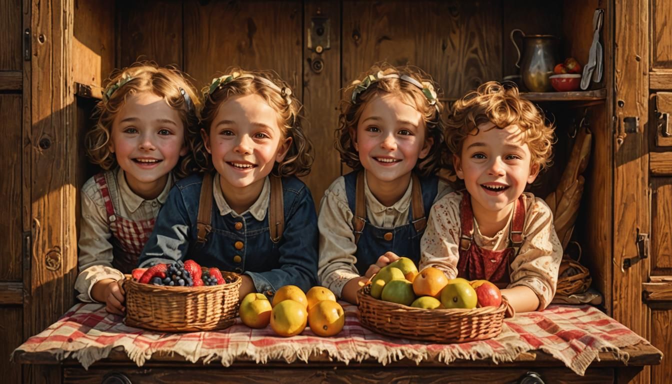 Children's Picnic Atop Antique Wardrobe in Golden Light