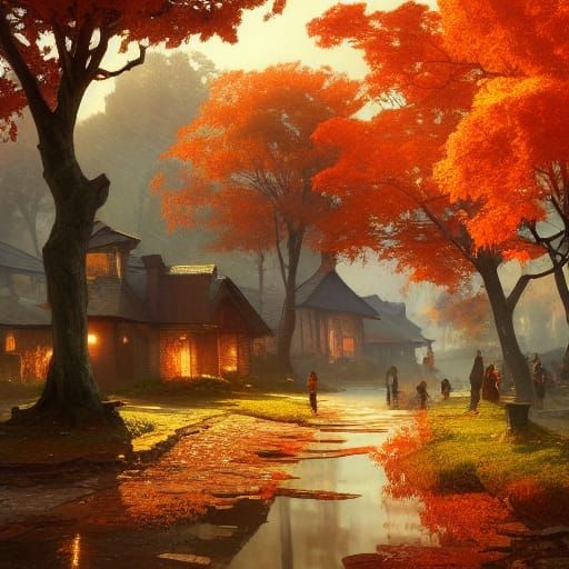 Autumn Village: Hyperdetailed Concept Art in Orange and Teal