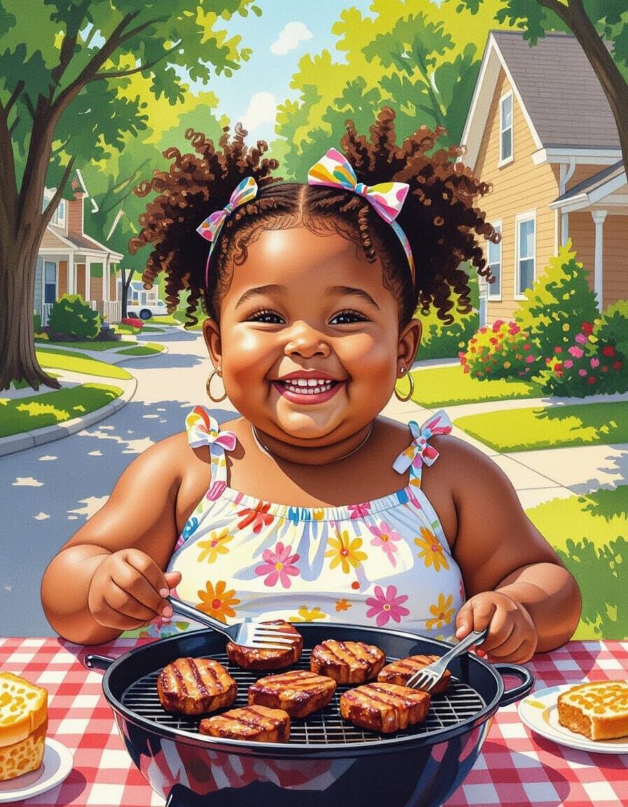 Joyful Girl at Community BBQ in Gouache Style