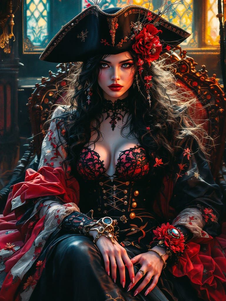 Gothic Pirate Woman Portrait in Amano Jean Style