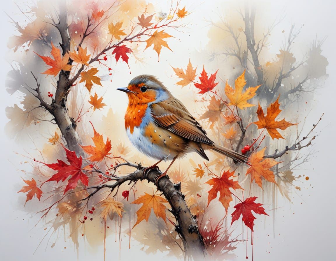 Golden Autumn Forest Robin on Maple Branch