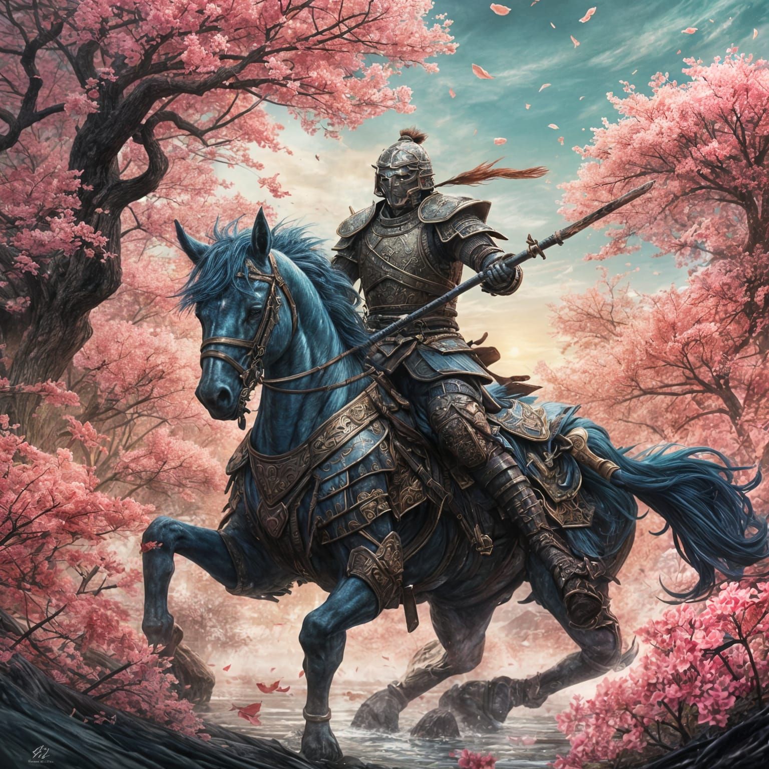 Samurai vs Mongol Invader Battle Scene on Sakura Petal Night...