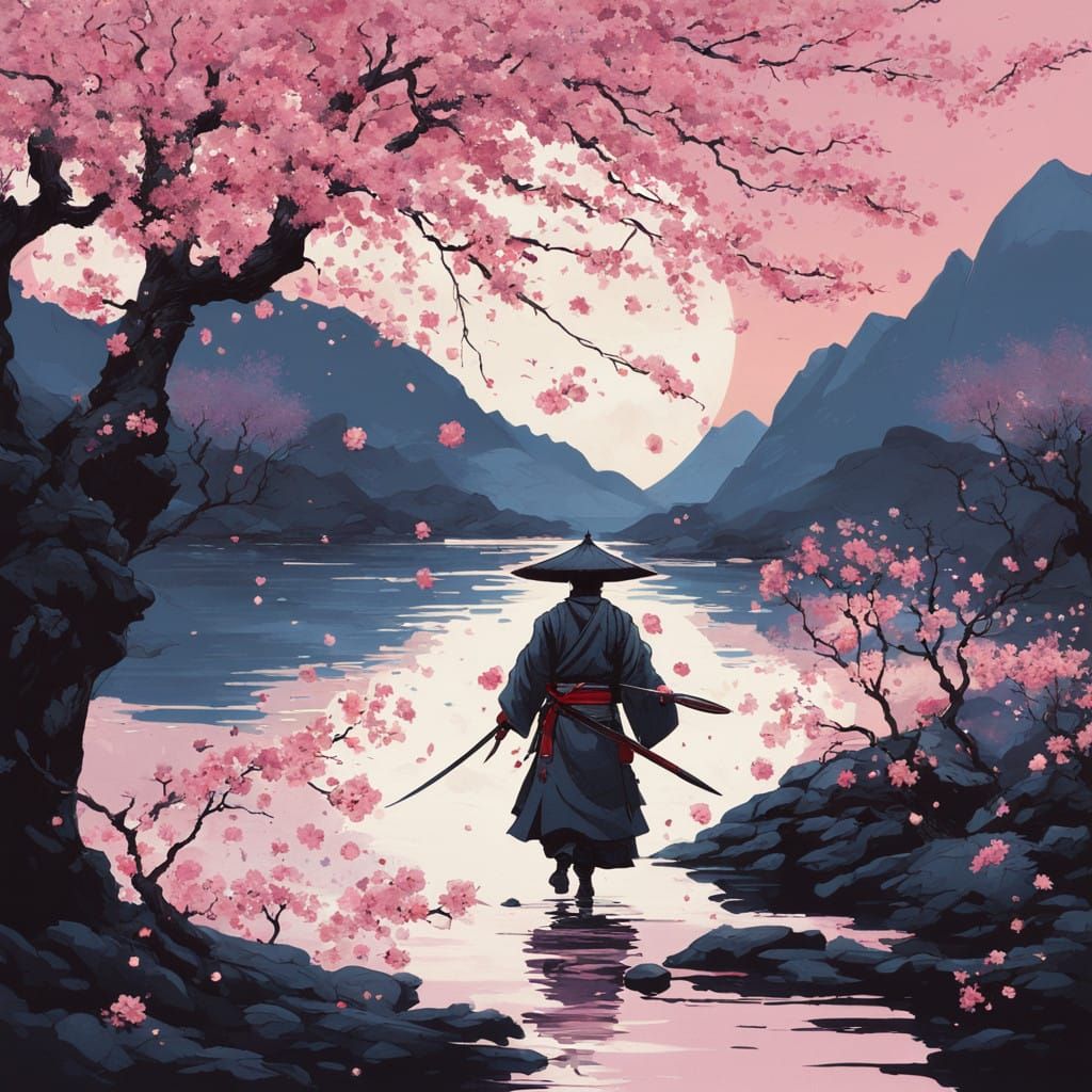 Samurai and Mongol in Mid-Air Combat on a Serene Night Lake