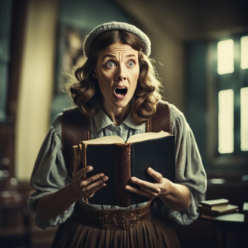Surprised Woman Reading Bible: Cinematic Still