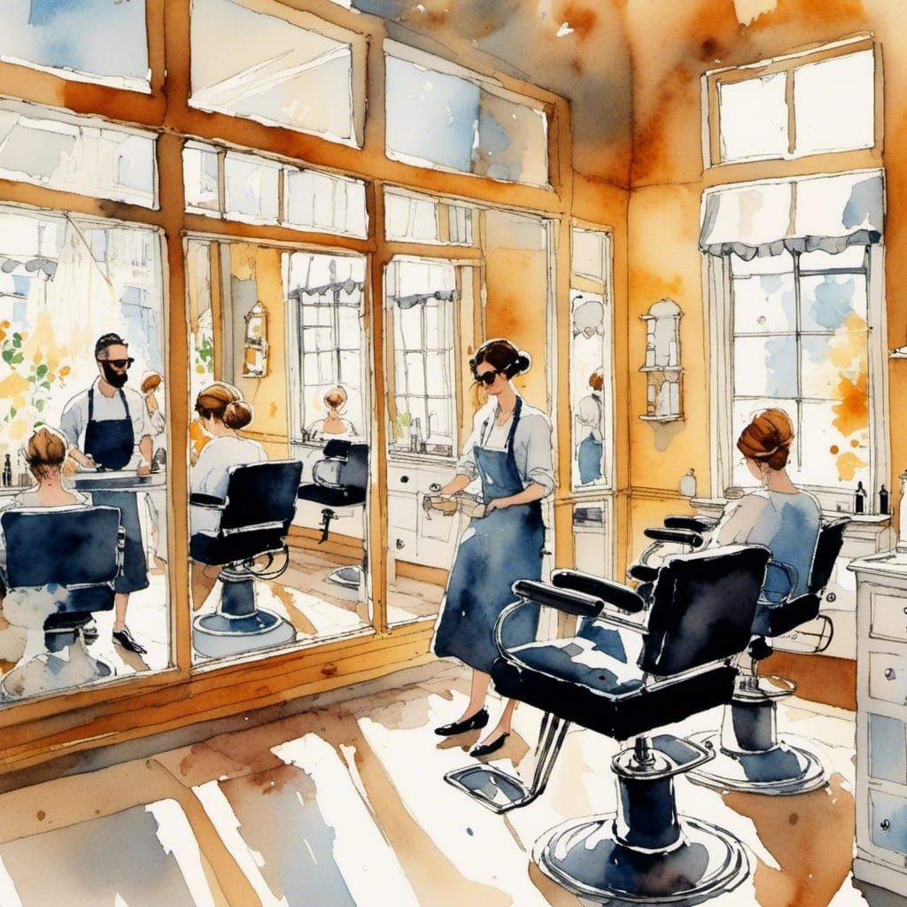 Professional Hair Stylist at Work in Watercolor Style