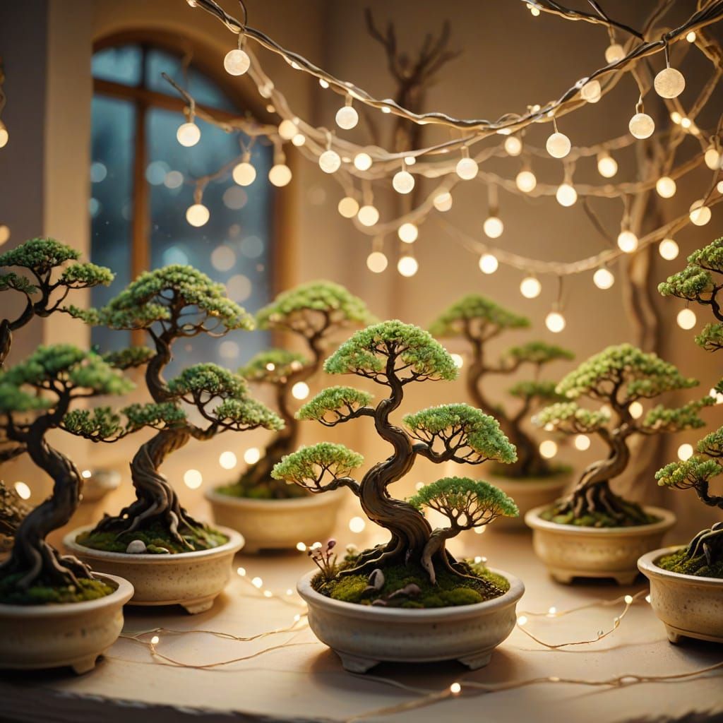 Whimsical Bonsai Forest with Mystical Creatures