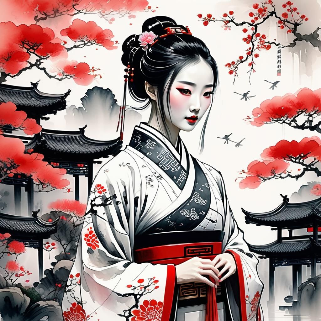 Robot Girl in Chinese Garden: Ink Wash Painting