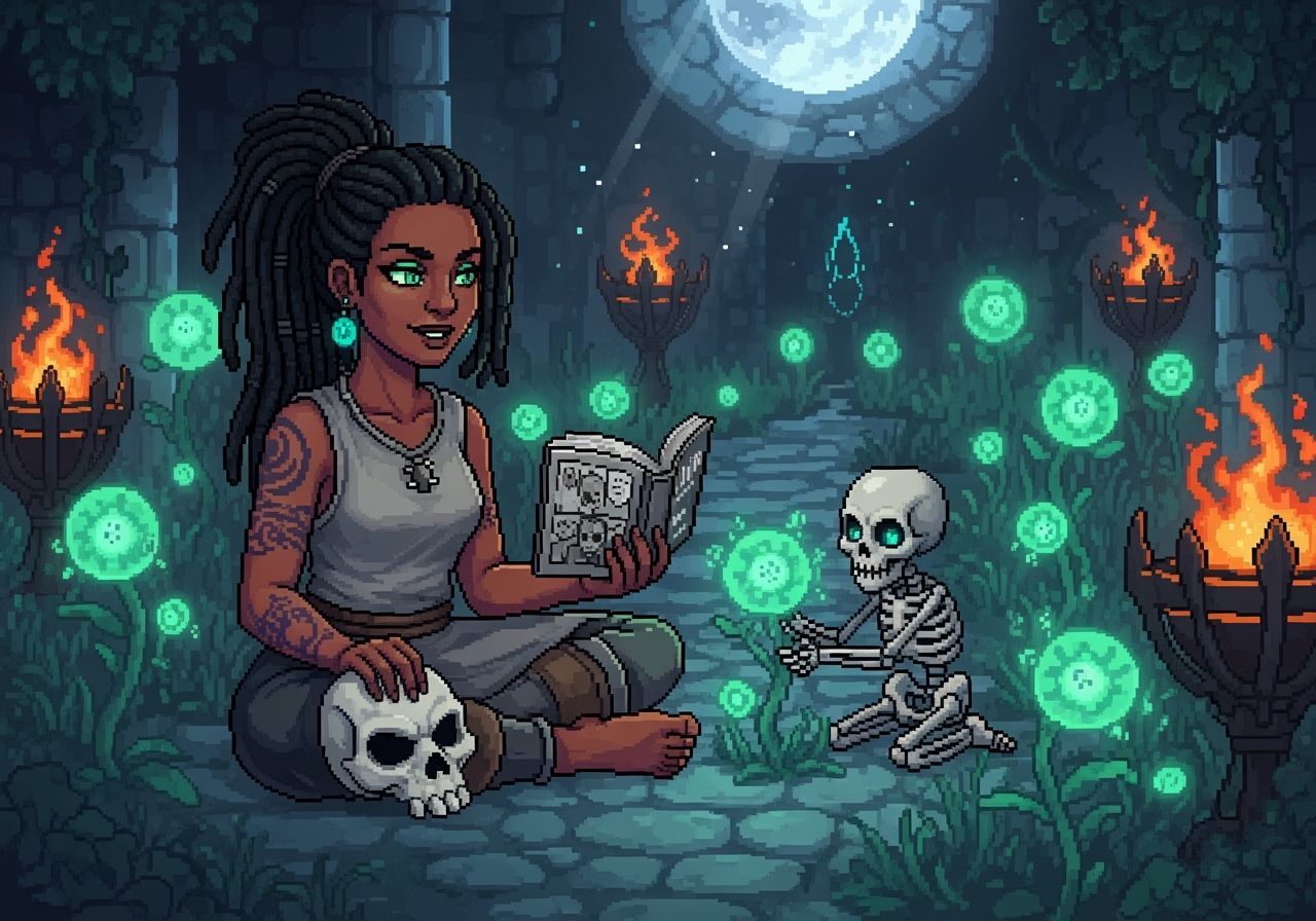 Cozy Pixel Art: Necromancer in a Moonlit Garden