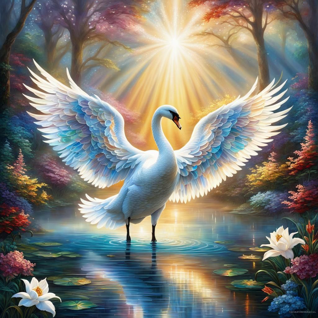 A graceful Stained Glass mosaic art of a Swan with beautiful...