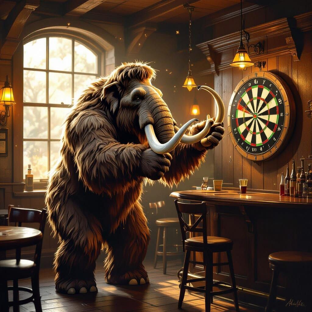 Woolly Mammoth Playing Darts in Tavern