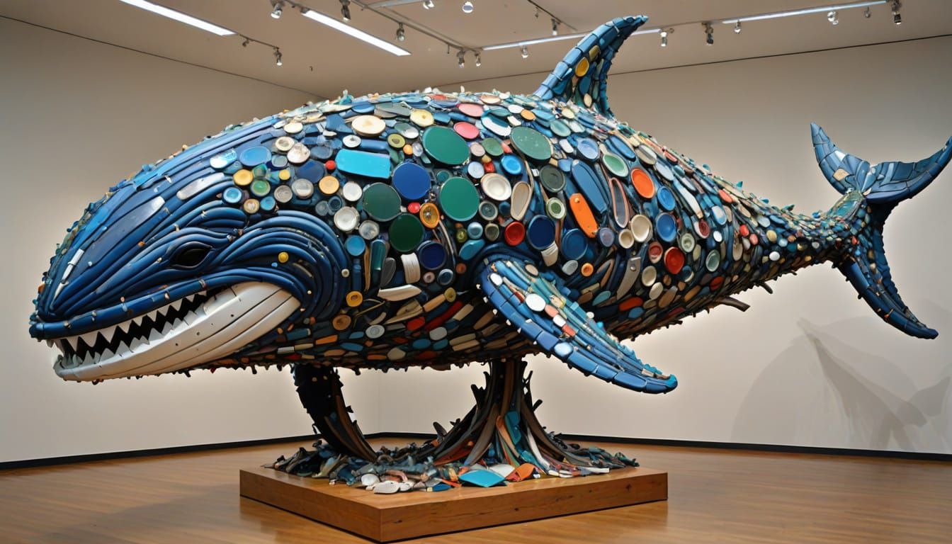Giant Whale Sculpture from Ocean Trash in Abstract Style