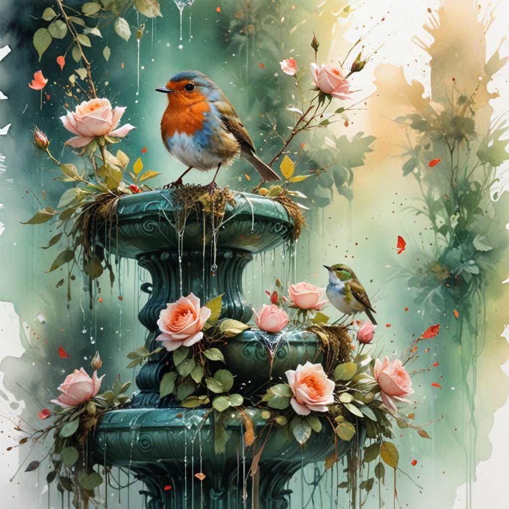 Enchanted Robin at Spring Fountain, Digital Watercolor Art