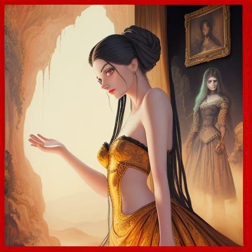 Enigmatic Woman in Surreal Oil Painting with Cave Art