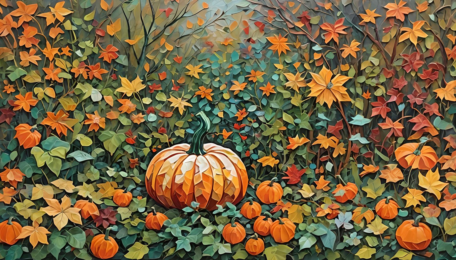 Pumpkin in Autumn Garden: Expressionist Impasto Origami