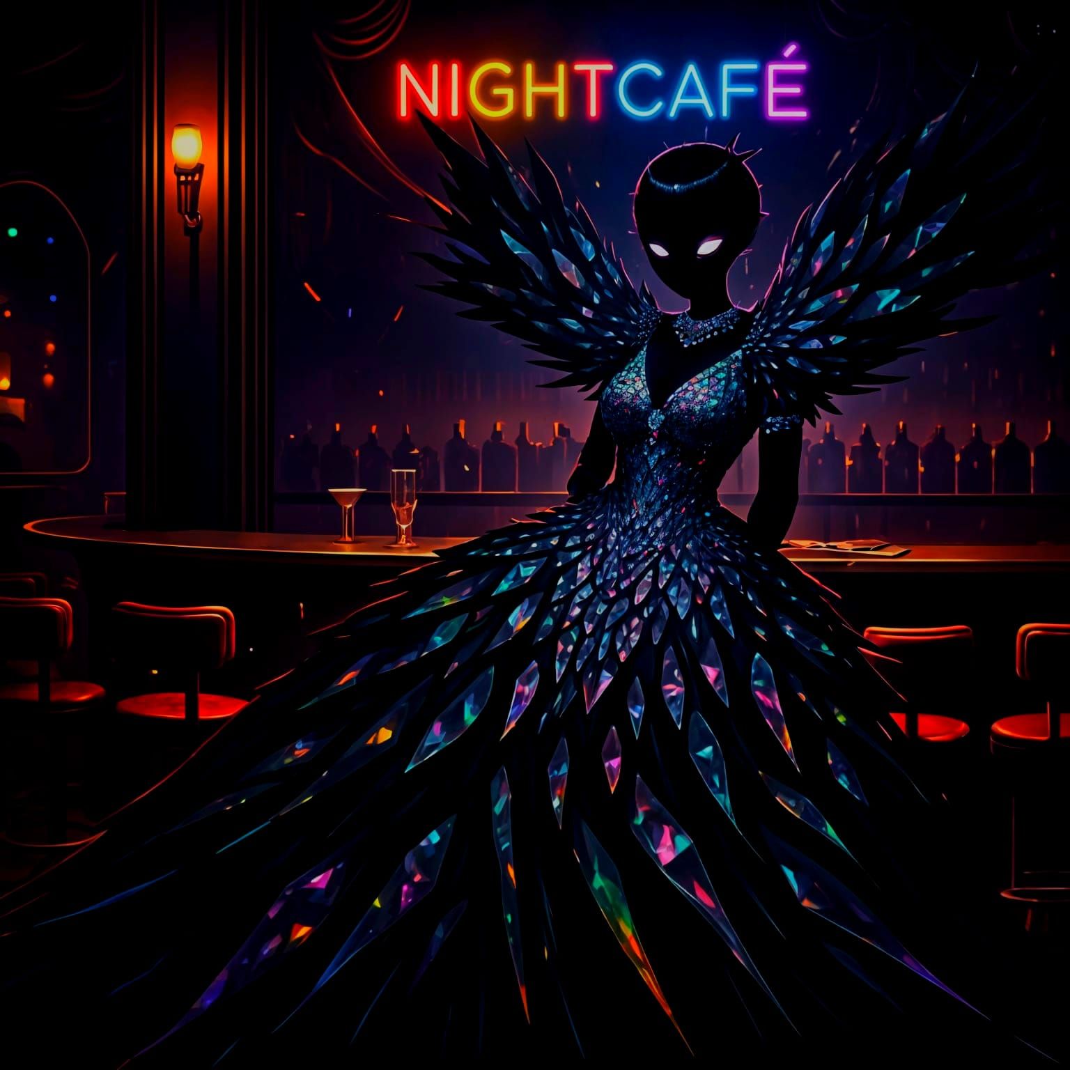 Glowing Anime Shadow Person in a Trippy Diamond Dress