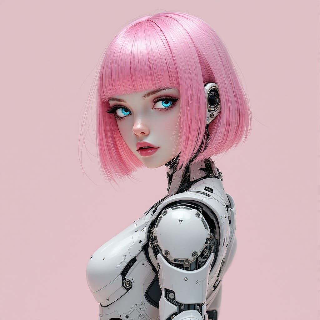 Cute Cyberpunk Robot Girl with Pink Hair in Digital Painting