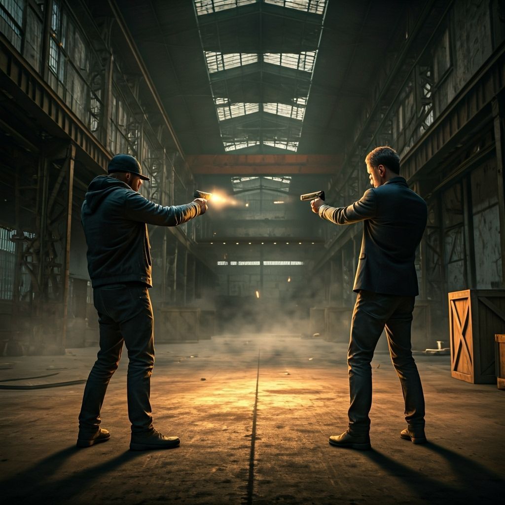 Tense Warehouse Gunfight Scene with Pistols