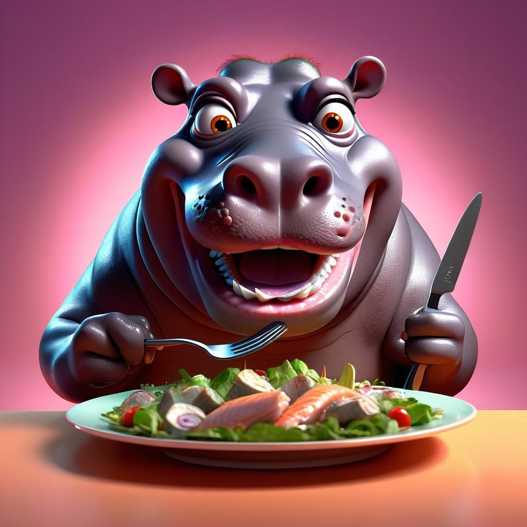 Hungry Hippo Ready to Eat: Pixar-Style 3D Render