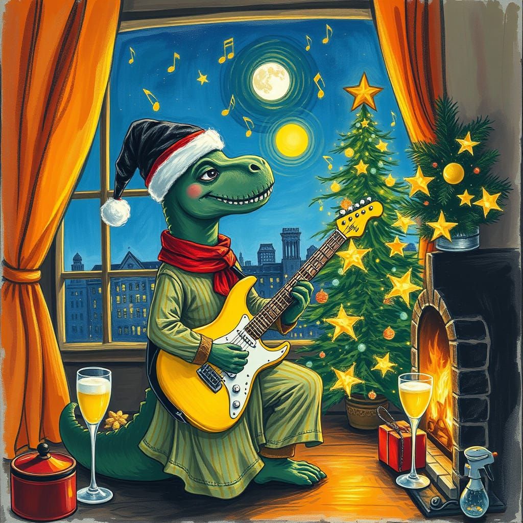 Vibrant Goth Dinosaur Girl Plays Electric Guitar in Whimsica...