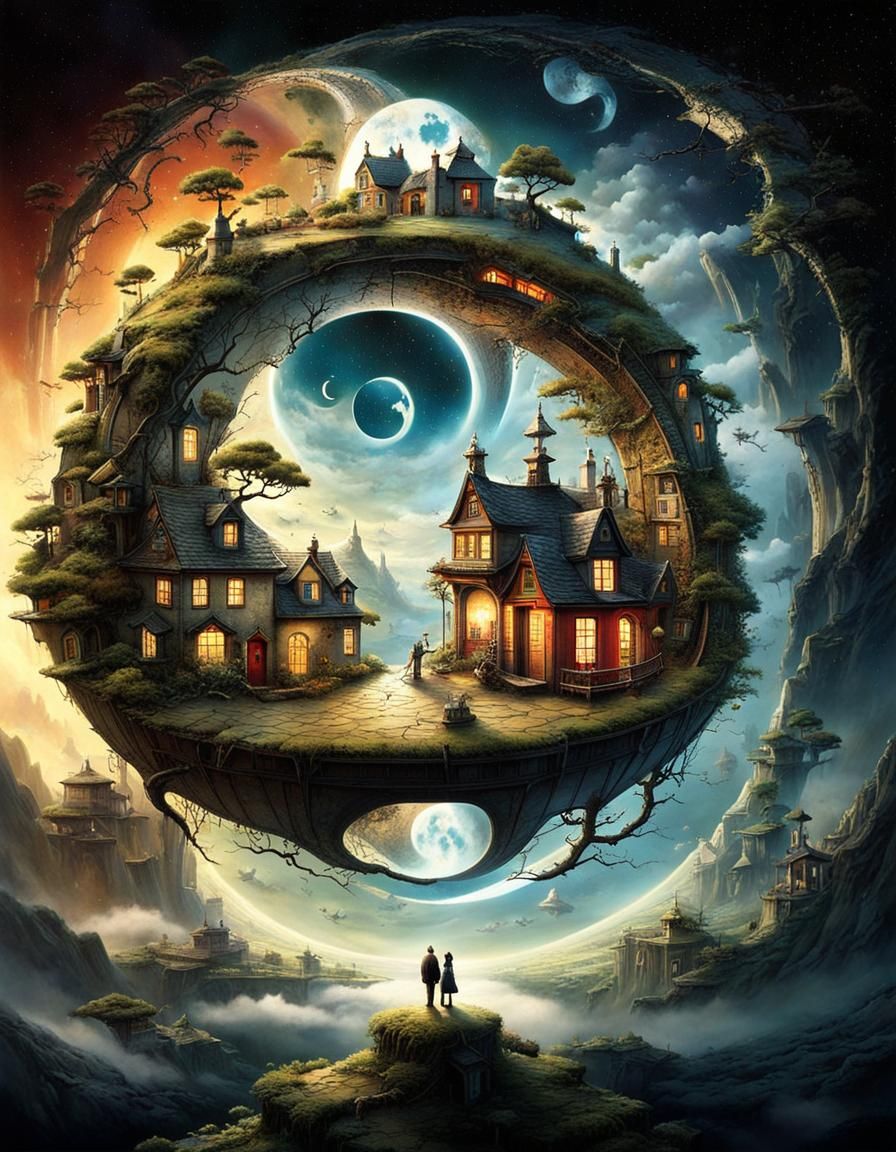 Surreal Stargate Scene with Bonsai and Cottages