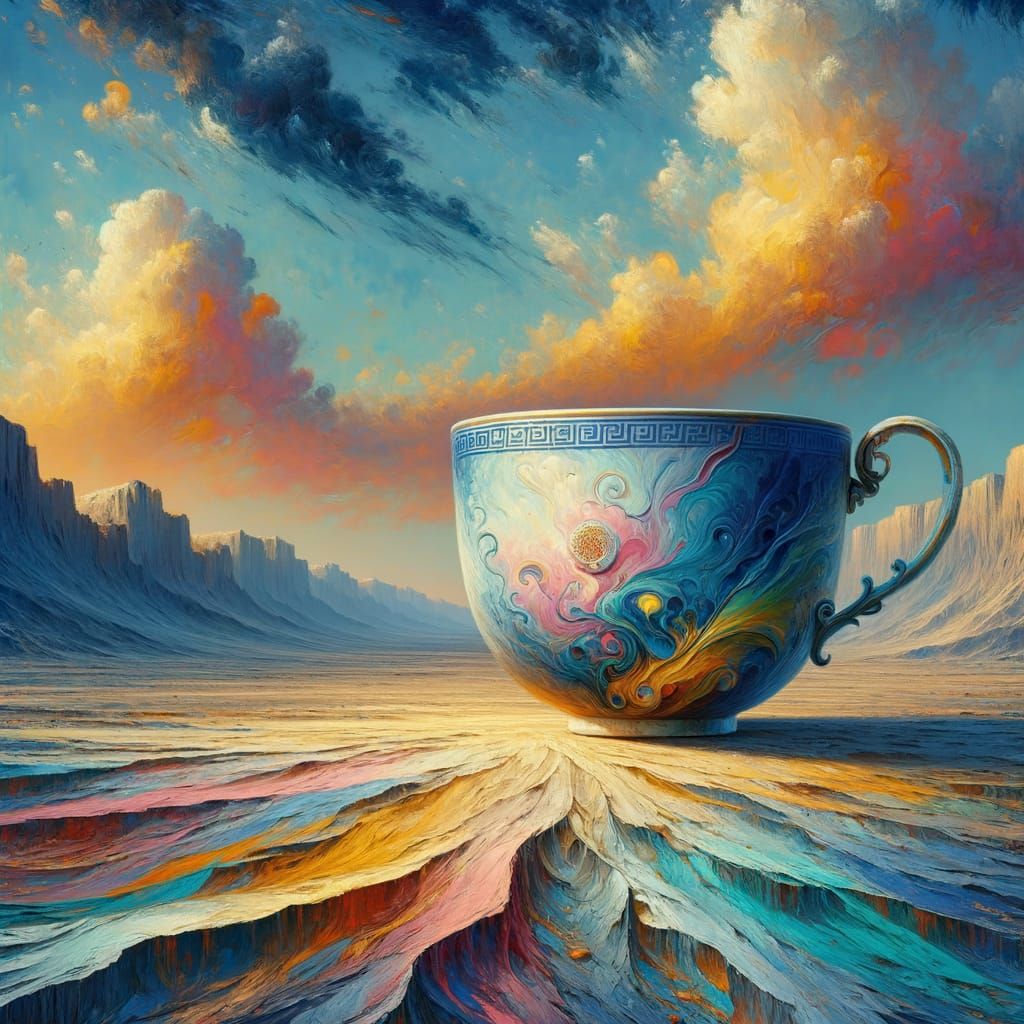 Gargantuan Teacup in Abstract Expressionist Landscape