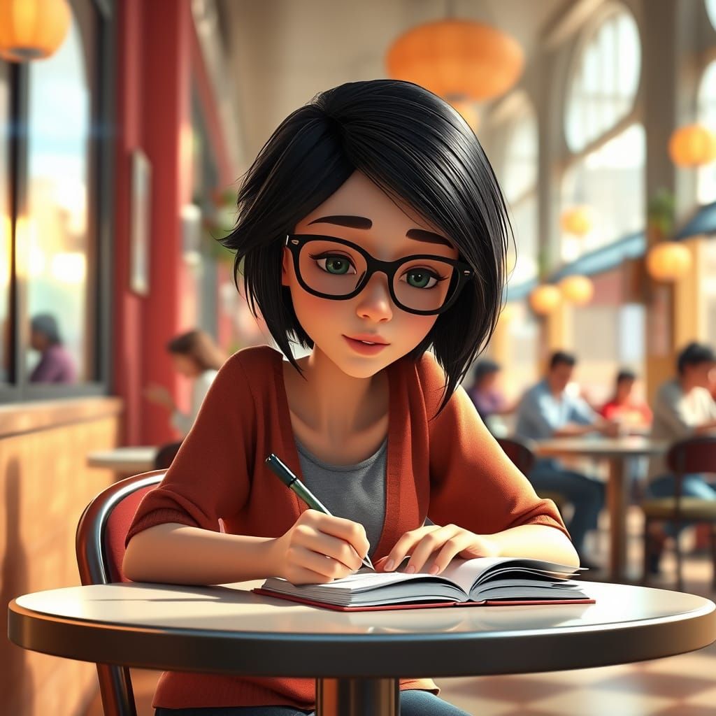Pixar-Style Cafe Scene with Writer