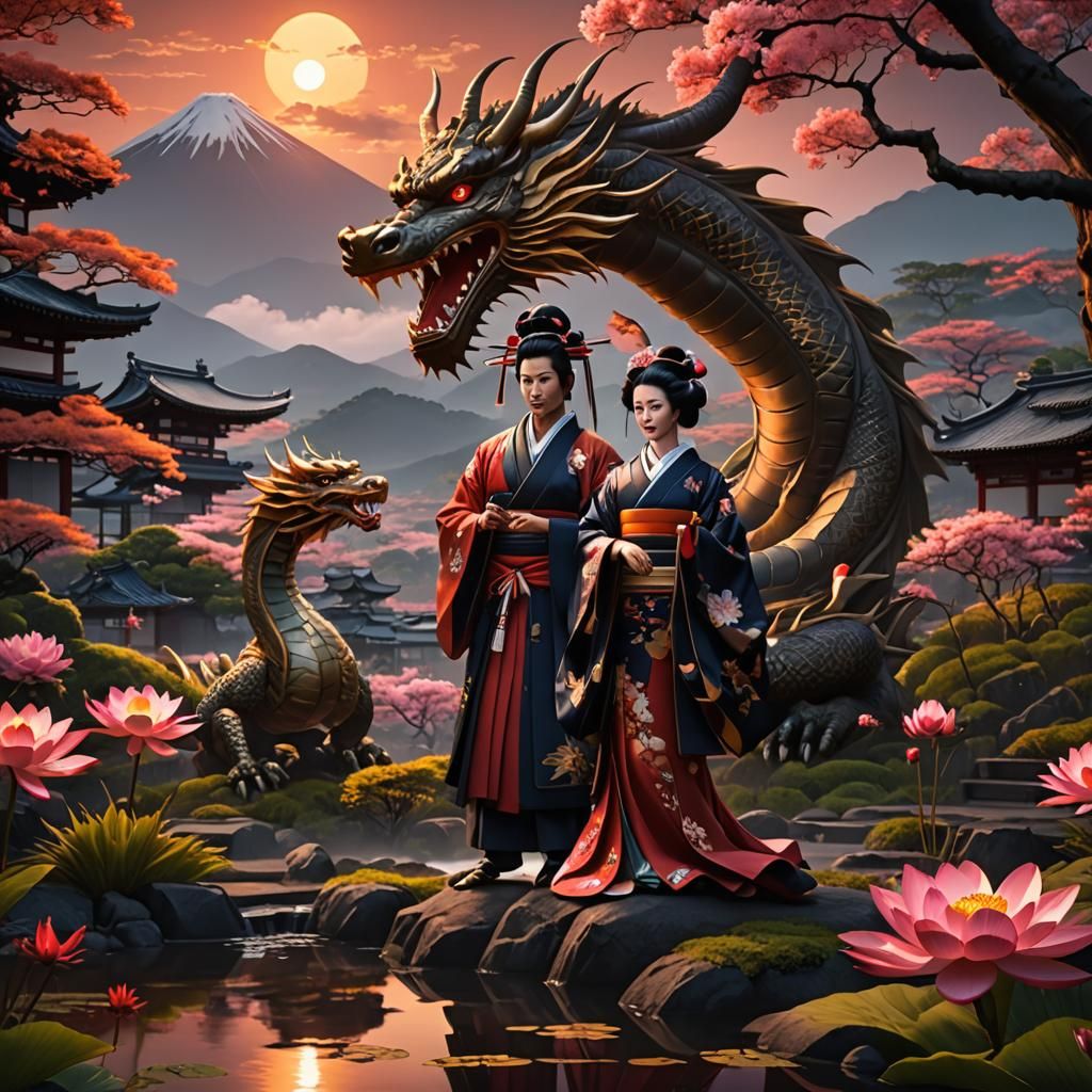 Geisha and Samurai in Japan with Dragon