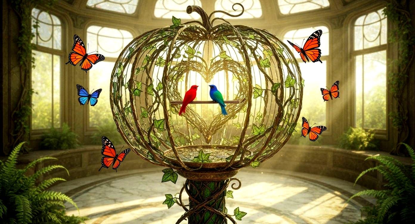 Art Nouveau Birdcage in Sunlit Stained Glass Room