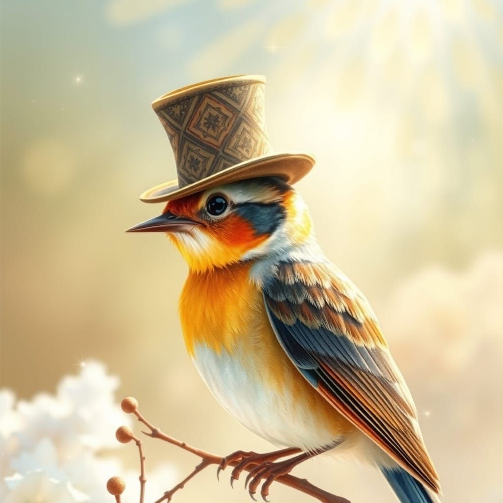 Watercolor Bird in Edwardian Top Hat Art Nouveau Style