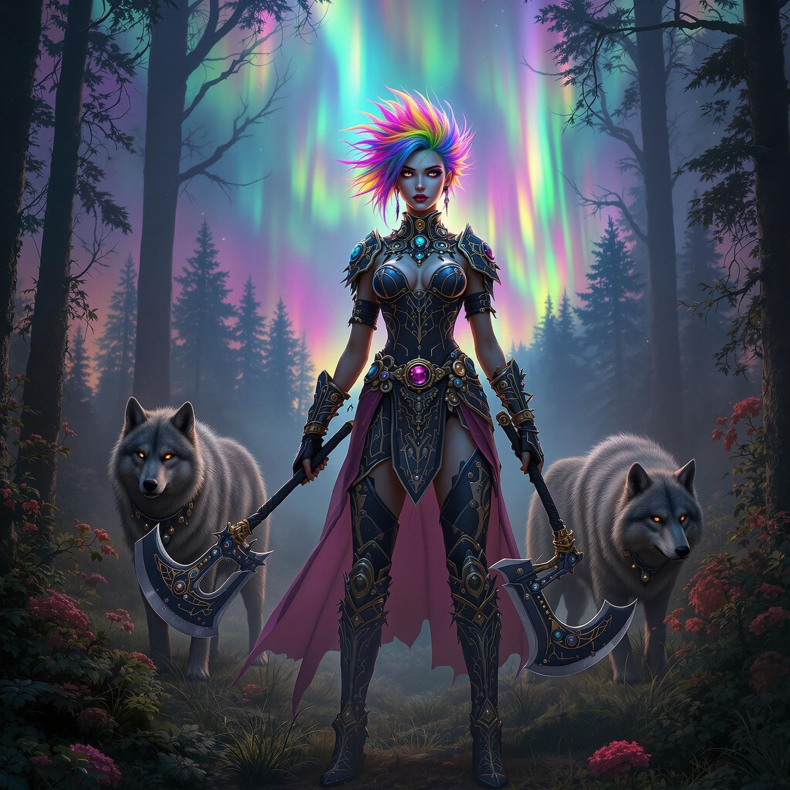 Gothic Warrior in Aurora-Lit Forest