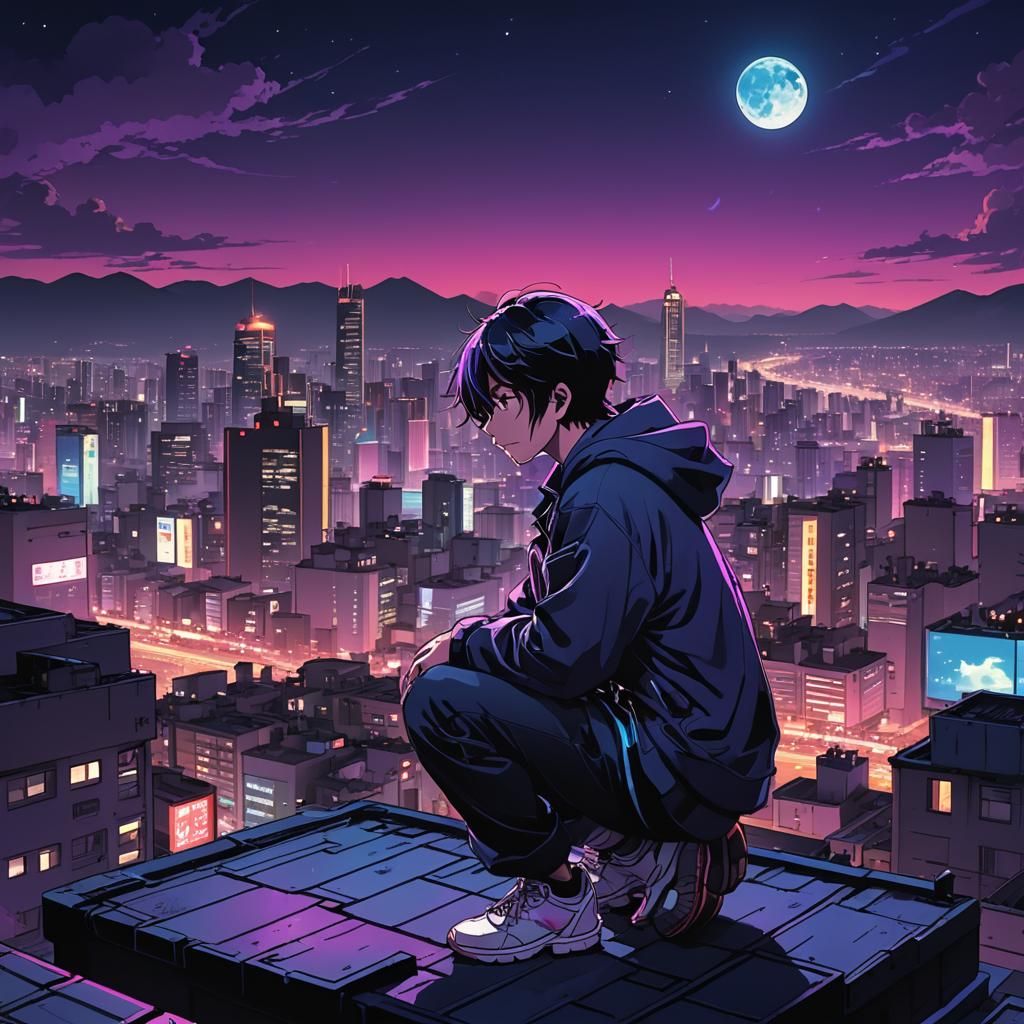 Vibrant Manga Cityscape at Night in Anime Style
