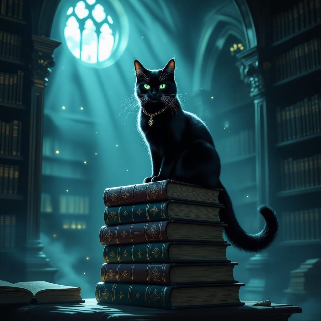 Witch's Black Cat Familiar Guarding Spellbooks
