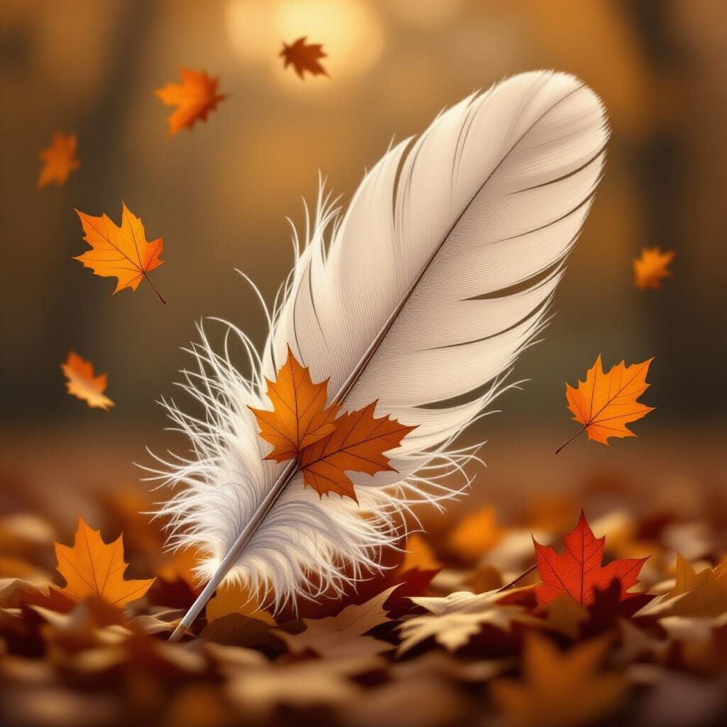 Feather Cradling Autumn Leaves in Ethereal Light
