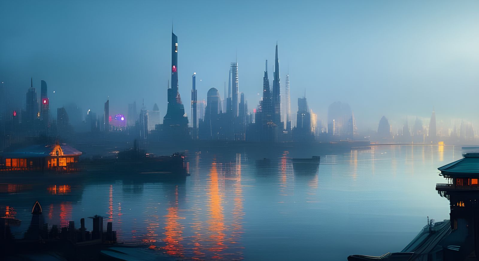 Moonlit Cityscape at Sunset in Art Nouveau Style